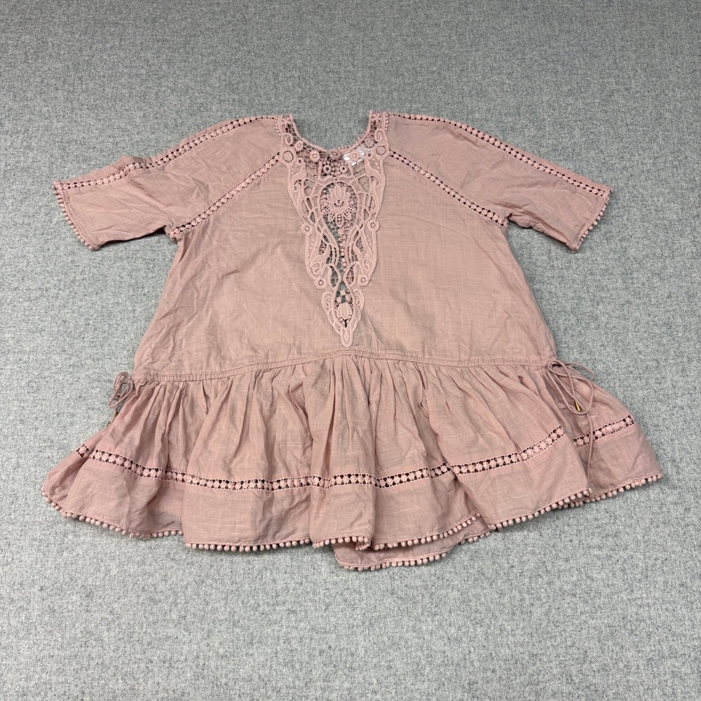 Zimmermann Babydoll Top Size 1 Pink Cotton Crochet Lace Pom Pom Peplum Shirt